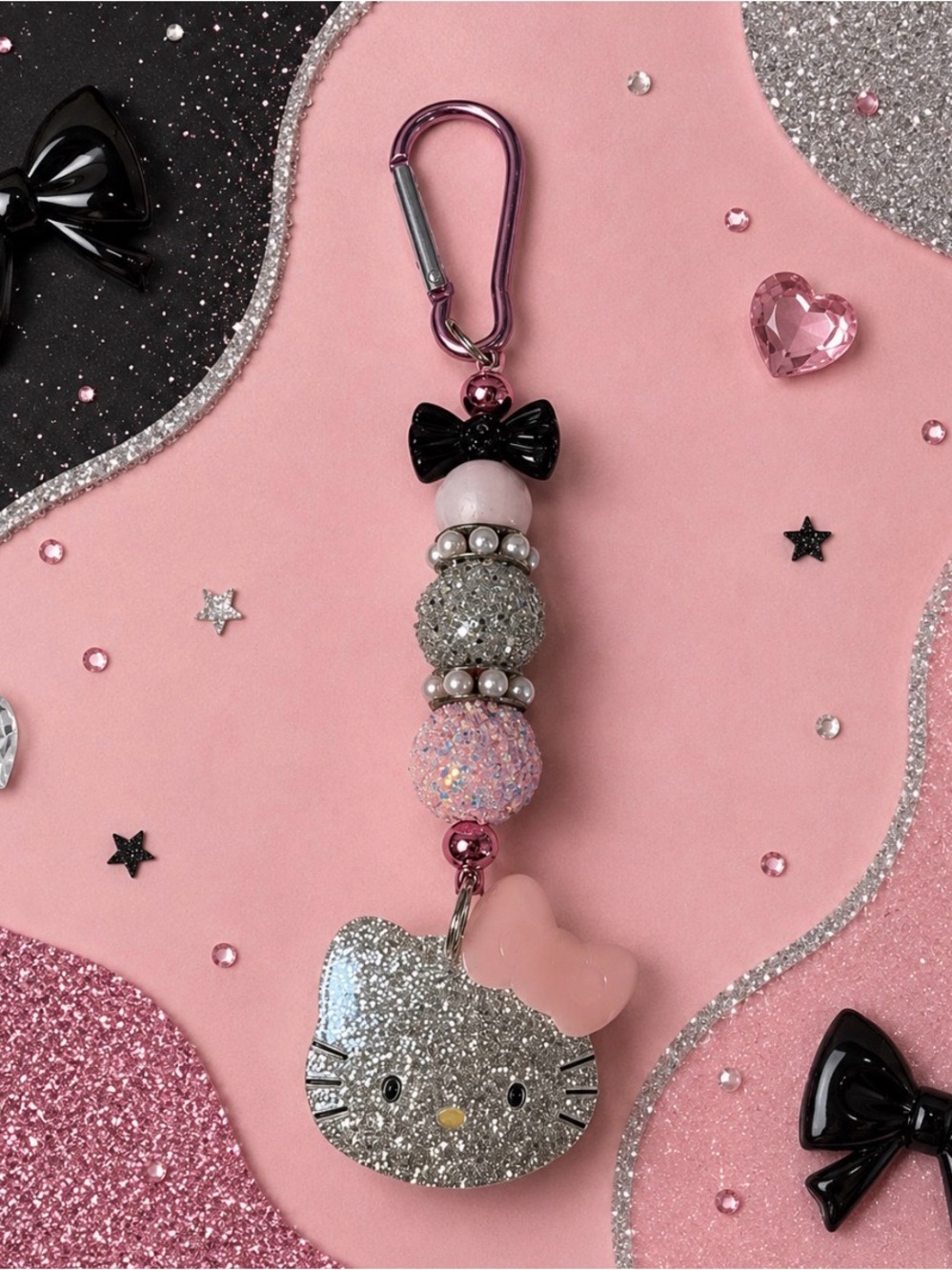 Handmade Glitter Kitty Style Pink Bow Keychain Card Charm